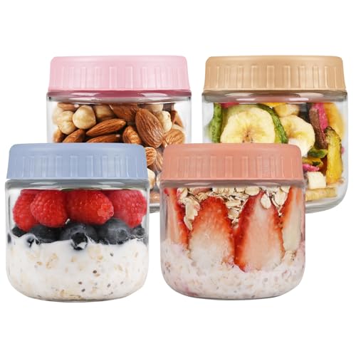 KINLINK 280ml Macaron Colour Glass Overnight Oats Containers with Lids - 4 Pack Oatmeal Salad Jars for Snacks, Yogurt, and Fruit