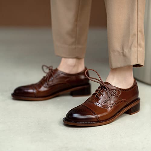 U-Lite Women's Perforated Lace-Up Wingtip Pure Color Leather Flat Oxfords Vintage Oxford Shoes Brown-4 8 #TOP3