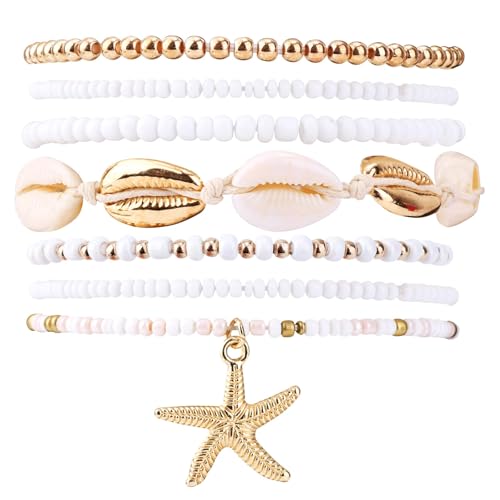 7pcs Summer Beach Bracelets for Women, Stackable Shell Seashell Starfish Beaded Surfer Bracelets Set Boho Seaside Holiday Vacation Party Friendship Jewelry Gift
