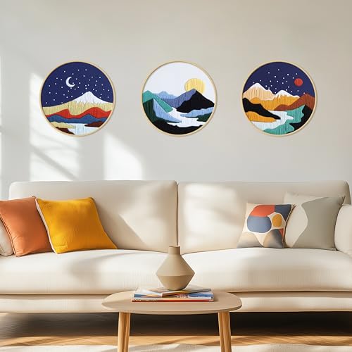 Image of KEKEMEOW 3 Sets Embroidery Kit for Beginners, Stitches with Landscape of Mountains Patterns, DIY Cross Stitch Kits for Adults, Needlepoint Hand Embroidery Kit with Stamped Pattern、Instruction、Hoop