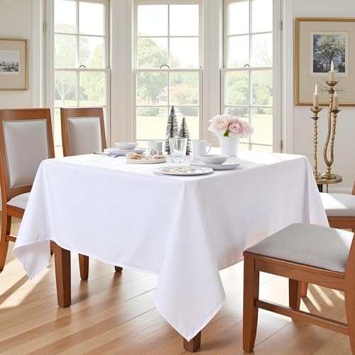 Image of sancua Square Tablecloth - 60 x 60 Inch - Water Resistant Spill Proof Washable Polyester Table Cloth, Decorative Fabric Table Cover for Dining Tables, Buffet Parties and Camping, White