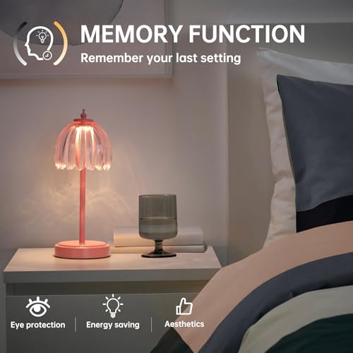 Image of Shenmoyl Rechargeable Table Lamp with 5200mAh Battery & Touch Control - 3 Adjustable Color Temperatures, Cordless Dimmable Table Light for Bedroom, Office Desk, Nightstand (Clear Pink,Pink Base)