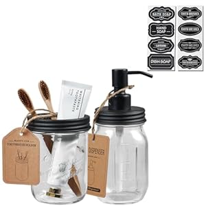 SheeChung Mason Jar Bathroom Accessories Set, 2Pcs Glass Bathroom Accessory Set, Soap Dispenser, Toothbrush Holder, Bathroom Decor, Rustic Farmhouse Decor – Black