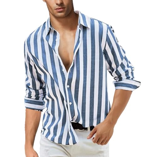 FWAY Camicia da Uomo in Lino, a Maniche Lunghe, vestibilità Normale, Casual, con Bottoni, Henley