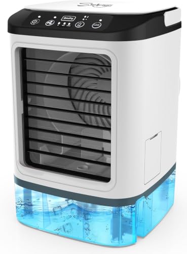 Image of SMLEGFT Portable Air Conditioners, Personal Air Conditioner with 2 Mist & 7 Color Light, 3 Speed & Boost Mode, 900ml Large Tank & Icebox, Evaporative Air Cooler AC Cold Fan for Bedroom Office Desk Car
