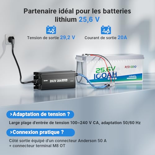 Chargeur LiFePO4 Redodo 29,2V 20A pour batterie lithium fer phosphate