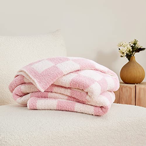 Image of CozeCube Pink White Reversible Checkered Knit Throw Blanket 50 inchx60 inch