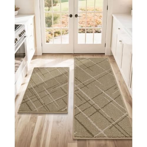 COSY HOMEER Kitchen Mats, 2 PCS Kitchen Rug Non Slip Washable, Absorbent Runner Rugs for Kitchen Floor, Polyester Kitchen Sink Rug 24"x36" + 24"x60"(Beige) Beige 24"x36" + 24"x60"