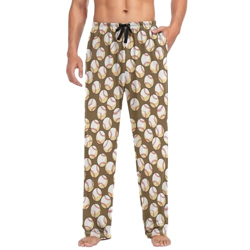 Men’s Baseball Pattern Pajama Pants with Pockets, Comfortable Lounge Sleep Bottoms#6613