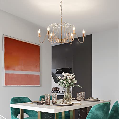 Jaycoemy Gold Farmhouse Chandeliers, 6-Light Rustic Pendant Light Fixtures With Crystal, Electroplated French Gold Chandelier For Dining Room Bedroom Living Room Kitchen #TOP5