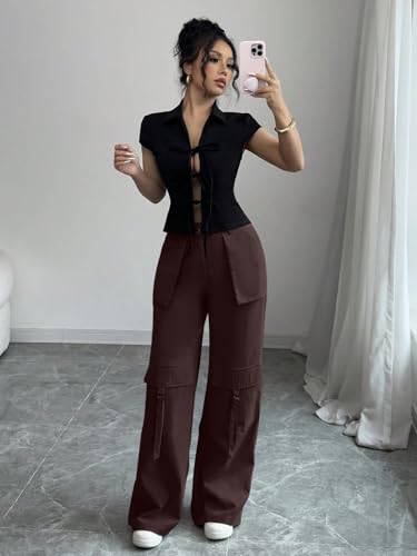 Image of Leriya Fashion Cargo Pants for Woman | Cargo Pants for Women Cotton Wide Leg Utility Fit Flap Pockets | Trousers Fors Women, Relaxed Fit Baggy Pant Airport Outfit for Womens Streetwear Attire