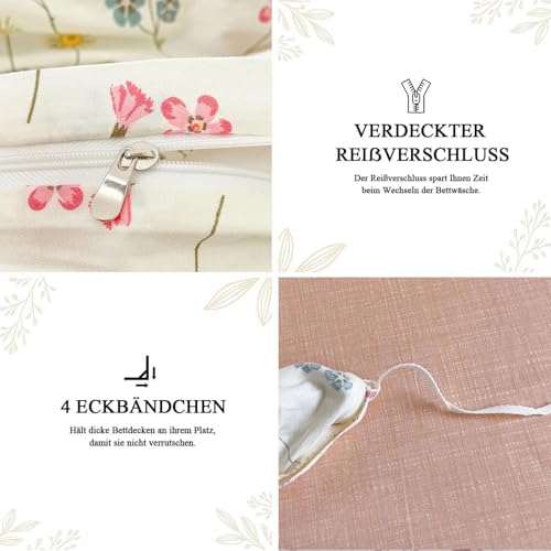 Tospass Bettwäsche 220x240 Baumwolle Beige Rosa Bunt Blumen Bettwäsche Set – Ansicht 6