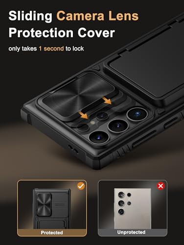 Vihibii for Samsung Galaxy S24 Ultra Case with Card Holder (4 Cards) & Slide Camera Cover & Kickstand, Shockproof Rugged Hard Back & TPU Soft Edge Wallet Case for Galaxy S24 Ultra 5G 6.8" 2024, Black