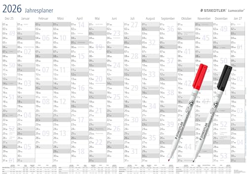 STAEDTLER Jahresplaner Lumocolor Set 2026, Wandkalender trocken abwischbar, Größe DIN A1, incl. Stifte und Stift-Klemmen, Sonderedition, 641 JPAMZW