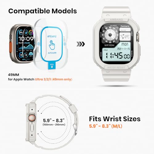 Image of amBand Rugged Band & Case Compatible with Apple Watch Ultra 3 /2 /1 49mm, Military Protective Bumper Cover & Soft Strap, with Screen Protector Kit, Compatible with iWatch Ultra, White - for Men Women