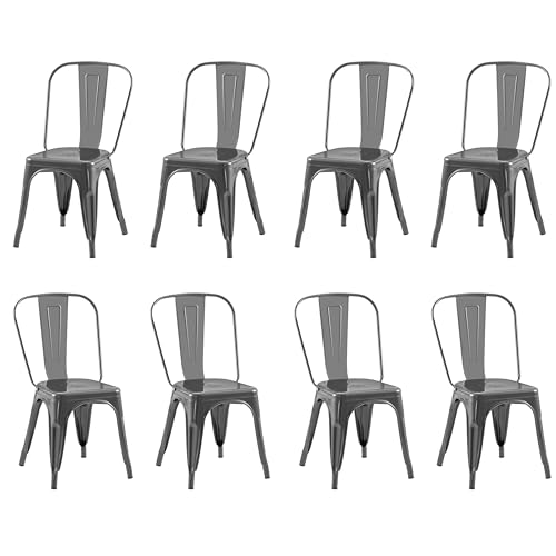 Image of Metal Dining Chairs with Backrest, Stackable, Gray, 8 Pack | Easy Assembly, Non-Slip Feet, 330 lb Capacity, Kitchen, Restaurant, Cafe, Pub, Covered Patio