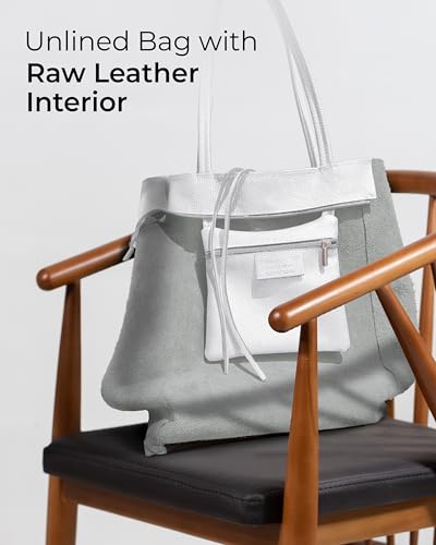 Image of Genuine Italian Leather Tote Bag for Women, Large Slouchy Purse, White | Unstructured bag, raw unlined interior with zip pocket, top zipper, side ties, folds flat, fits a 16-inch laptop, lightweight