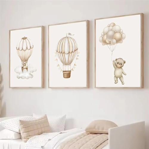 3 Affiche Chambre Bébé Beige 30X40CM Poster Ourson Bebe Ballon Nuage Tableau Montgolfière Toile Decoration Murale Enfant Garcon Affiche Montgolfière Enfant...