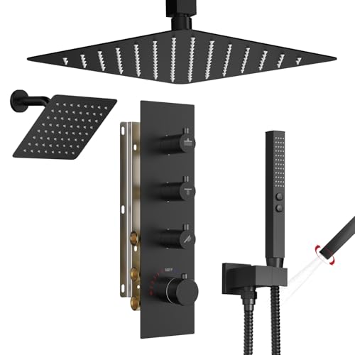 Shower Faucet Set,Thermostatic Shower System,12 Inch Ceiling Mounted and 6 Inch Wall Mount Rain Shower Head with 2 in 1 Handhled,High Pressure Dual Shower Head Combo Set Matte Black