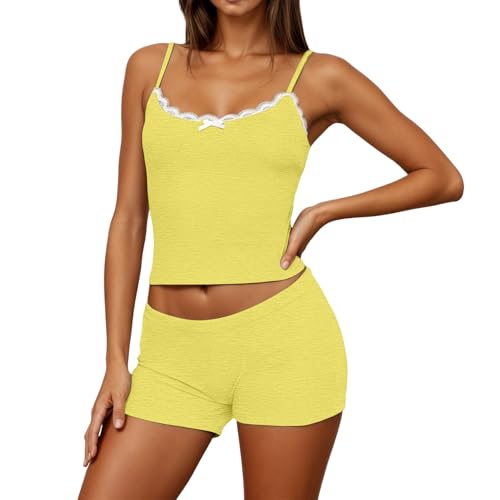 Generisch Pijama de algodón corto para mujer, traje de casa sexy, corto, de dos piezas, conjunto de pijama de punto de encaje + pantalones cortos suaves, sin mangas, cuello en V, juego de salón Y2K