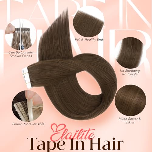 Image of Elailite Tape in Hair Extensions Human Hair Thick Real Remy Hairpieces Dark Brown 14 Inch 40g 20pcs Straight Invisible Seamless Skin Weft Best Tape for Women