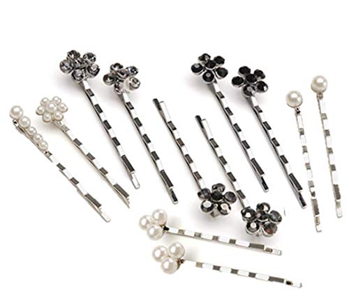 Decorative Hairpin Bobby Pins for Women Lady Girls 12/Pkg, 6 Silver & Black Flowers 6 Jewelry Designer Decorated Bobby Pins