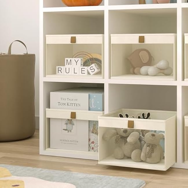 Linen Closet Organizers and Storage, Closet Storage Bins Basket Organizer, Foldable Organization Baskets with Mesh Window for Clothes Towels and Toys, 12.75 x 12.75 x 9, Beige, 4 pack