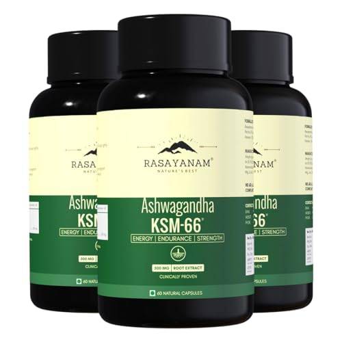 Image of Rasayanam Ashwagandha KSM-66 | Clinically Proven 600mg Dosage | 5.1% Withanolides for Max Results | 100% Pure Root Extract | Stress Relief, Energy & Recovery Support | World's Strongest Ashwagandha | Pack of 3 (60 Tablets each)
