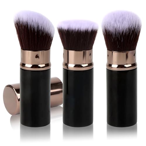 MOTIBACK Set di 3 pennelli da trucco retrattili, portatili con punta rotonda, piatta e obliqua, setole sintetiche morbide per fondotinta, blush e contouring