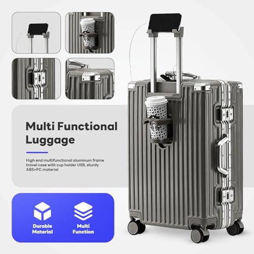 Carry-on with Cup Holder & USB Port Carry on Luggage Durable Luggage Suitcase Lightweight Hardside Luggage with TSA lock & Phone Holder 360° double spinner Wheels (Silver=20lnch, 20lnch)4