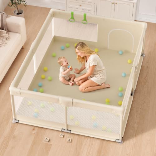 Image of Uanlauo Beige Large Baby Playpen - 69x59in Playpen for Babies and Toddlers