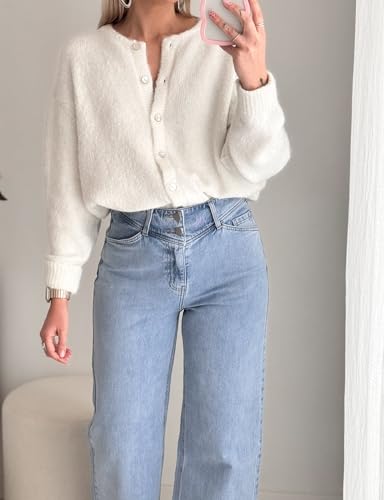 UAURORAO Womens Button Down Cardigan Sweater Y2k Long Sleeve Open Front Knit Crop Top Crewneck Knitted Jackets3