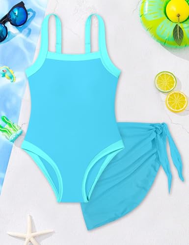 Image of Shallmu Girls Swimsuits Color Block Adjustable Thick Strap One Piece Bathing Suits with Cover Up Skirt Girl's Swimwear 9-16Y