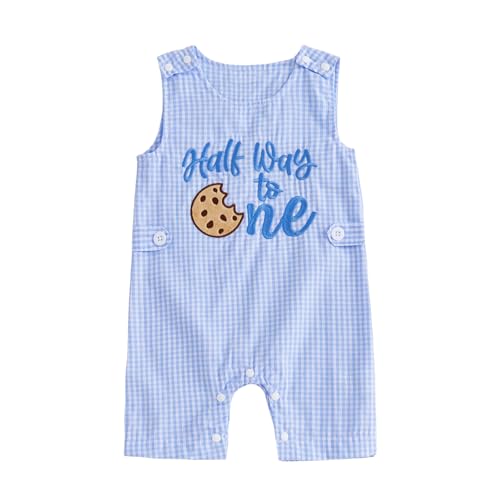 Lamuusaa Half Birthday Outfit Baby Boy Half Way to One Romper Plaid Bodysuit One Piece Jumpsuit Summer Cake Smash Outfit (Blue 6-12 Months)
