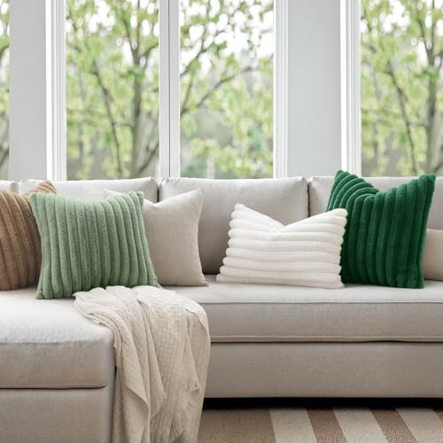 Image of MIULEE Faux Fur Decorative Throw Pillow Covers 18x18 Set of 2 Dark Green | Modern Spring Home Decor Soft Plush Couch Pillows Cozy Fluffy Cushion Covers for Sofa Bed Living Room