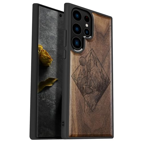 Carveit Wood Case for Galaxy S23 Ultra Case [Natural Wood & Black Soft TPU] Shockproof Protective Cover Unique Wooden Design Compatible with Samsung S23 Ultra (Serene Mountain Path in Nature-Walnut)