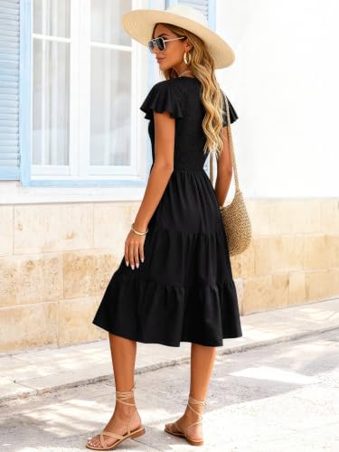 Image of Berydress Summer Dresses for Women 2026 Casual Boho Smocked Midi Sundress | Flowy Tiered Ruffle Ladies Dress, Ruffle Sleeve A Line Style with Pockets, For Beach Vacation, Casual, Garden Party, Church