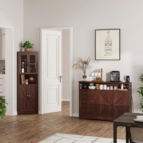 Image of 47 inch Dark Brown Farmhouse Storage Cabinet with Barn Doors and Drawers, Sideboard Buffet Cabinet with Storage, Kitchen Pantry Hutch, Coffee Bar Station Table for Kitchen, Living, Dining Room