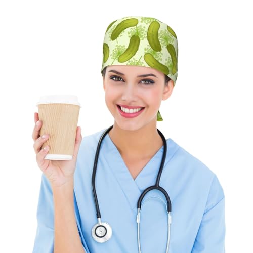 Image of Cute Pug Dog Print Working Cap Scrub Cap with Sweatband,Adjustable Fashion Bandage Tie Back Hat Headwear for Women Men