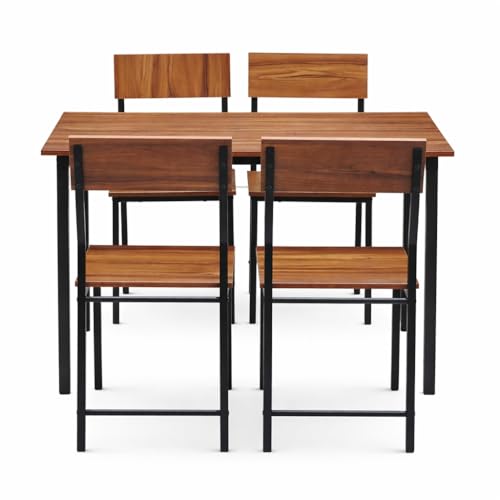 Image of Dining Table Set of 4, 4 Seater Dining Table with Chairs, Engineered Wood Top & Metal Frame, Space Saving Compact Rectangular Dining Table for Home & Kitchen (Teak Walnut- DIY)
