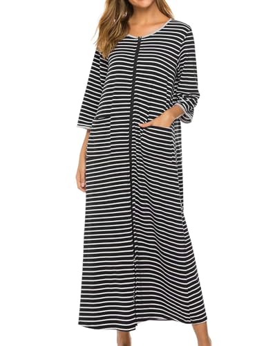 Image of Bloggerlove Zipper Front Robes for Women House Coat Half Sleeve Loungewear Long Nightgown with Pockets S-3XL