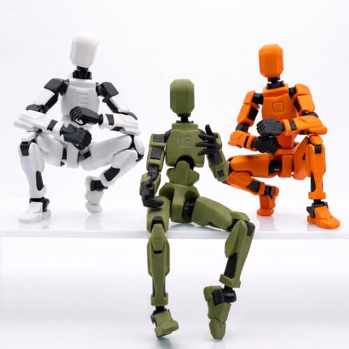 Image of TADCraft Dummy13 Fully Articulated Action Figure - 5.4 Inch 3D Printed Poseable Robot Toy | DIY Assembly Kit | Flexible Joints for Dynamic Poses | Set of 3 (White, Army Green, Orange)