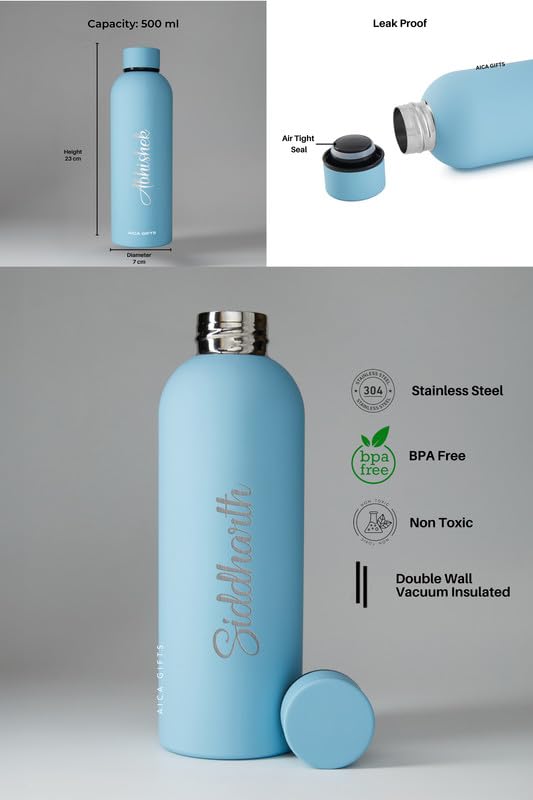 Image of AICA Personalized Name Stainless Steel Water Bottle - 500ml (Baby Blue) | Customized Birthday Anniversary Christmas Eve Secret Santa New Year Gifts for Boys Men