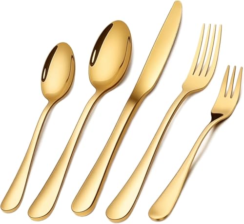 Conjunto de Talheres 30 Peças Aço Inoxidável Premium - 6 Facas, 6 Garfos, 6 Colheres, 6 Garfos Salada, 6 Colheres Chá - Presente Elegante para Casa/Restaurante- Dishwasher Safe (ouro)