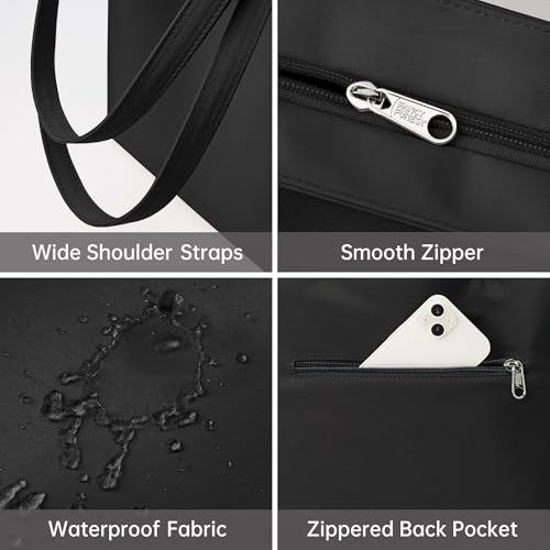 KALIDI Wasserdichte Tote Bag mit Reißverschluss – Leichte Shopper Schulter Tasche für Arbeit Uni,Schwarz