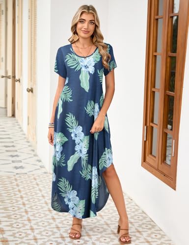 Image of JollieLovin Womens Plus Size Casual Summer Maxi Long Dress Short Sleeve T-Shirt Loose Sun Dress(L-5X)