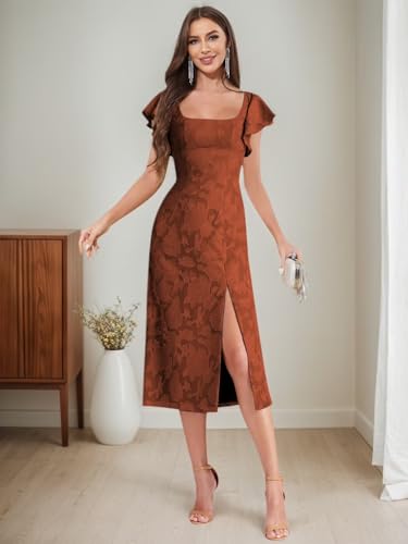 HYY Chiffon Mother of The Bride Dresses with Slit Floral Tea Length Flutter Sleeve Mermaid Formal Dress for Wedding4