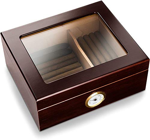 Personalized Humidor Cigar Box with Glass Top and Round Humidifier - 50 Cigars Capacity, Made of Mahogany Wood, Unique Christmas Gifts for Boyfriend, Men, Teacher, Family, Husband (Stamped Design) - Thumbnail 3