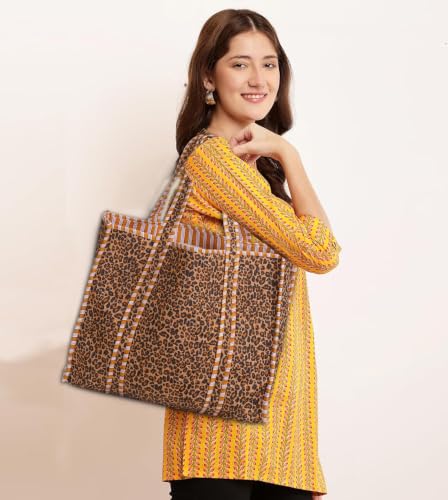 Image of Cotton Tiger Block Print Tote Bag, Indian Handmade Shopping Shoulder Bag, Unisex Market Daily Use