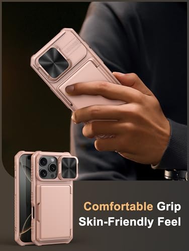 Image of Vihibii for iPhone 16 Pro Case Wallet with Card Holder (4 Cards) [RFID Blocking] & Slide Camera Cover, Military Grade Drop Protection, Rugged Back & Silicone Edge Phone Cover, 6.3 inch 2024, Rose Gold